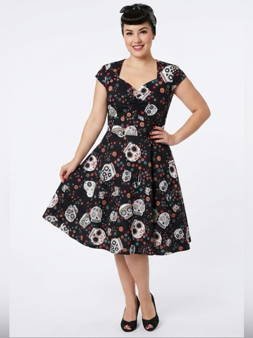 OTEN Floral Sugar Skull Retro Rockabilly Dress - Size Large - NWT